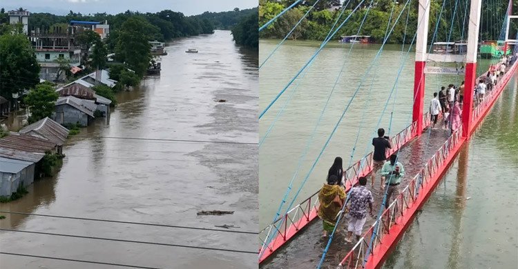 কাপ্তাই হ্রদের পানিতে তলিয়ে গেছে ঝুলন্ত সেতু, বাঘাইছড়ির নিম্নাঞ্চল প্লাবিত